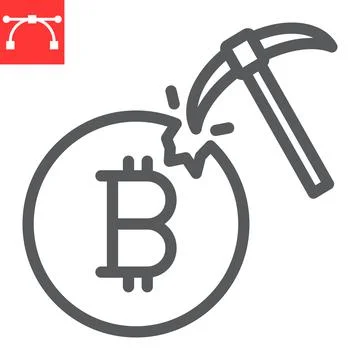 Bitcoin mining line icon, cryptocurrency and bitcoin, coin with pickaxe vector Stock Illustration
