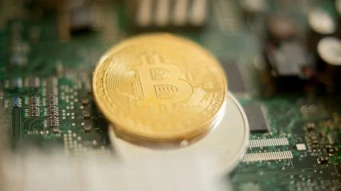 Bitcoin mining process - gold coin on computer circuit board Stock Photos
