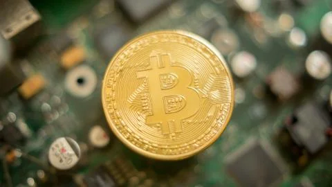 Bitcoin mining process - gold coin on computer circuit board Stock Photos