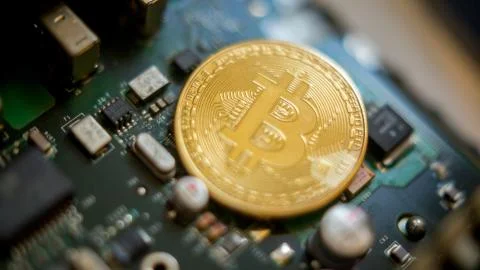 Bitcoin mining process - gold coin on computer circuit board Fotos de archivo