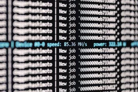 Bitcoin mining program at work closeup photo Stock-Fotos