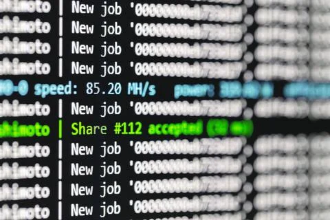 Bitcoin mining program at work closeup photo Stock-Fotos