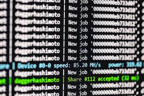 Bitcoin mining program at work closeup photo Stock-Fotos