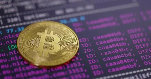Bitcoin mining program at work closeup footage Stock-Fotos