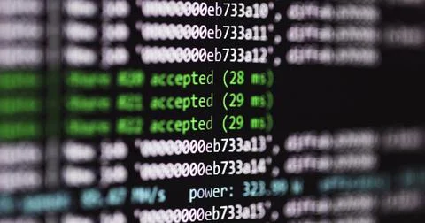 Bitcoin mining program at work closeup footage Stock-Fotos