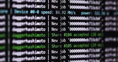 Bitcoin mining program at work closeup footage Stock-Fotos