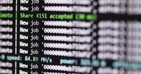 Bitcoin mining program at work closeup footage Stock-Fotos