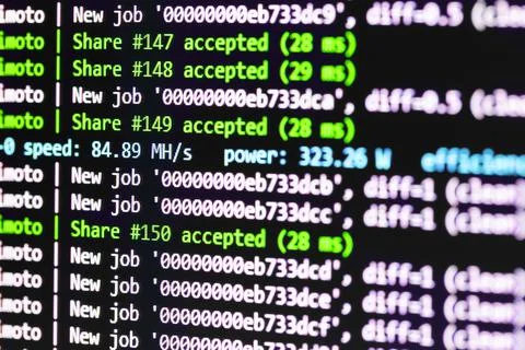 Bitcoin mining program at work closeup photo Stock-Fotos