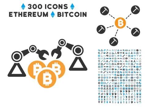 Bitcoin Mining Robotics Flat Icon with Set Illustrazione stock