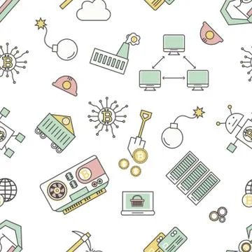 Bitcoin mining seamless pattern, vector modern thin line flat design Stock Illustration