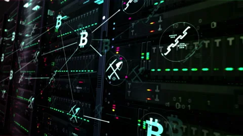 Bitcoin mining on servers room in background loop Stock Footage 122693551