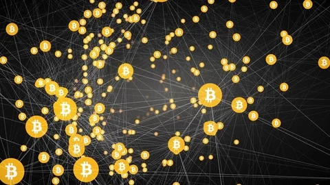 Bitcoin mining, slow moving connected bitcoin symbols Stock Footage 84326959
