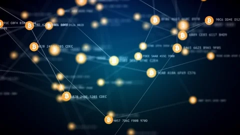 Bitcoin mining, slow moving connected bitcoin symbols Stock Footage 90033292