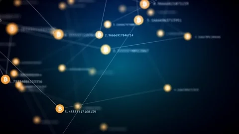 Bitcoin mining, slow moving connected bitcoin symbols Stock Footage 90033586