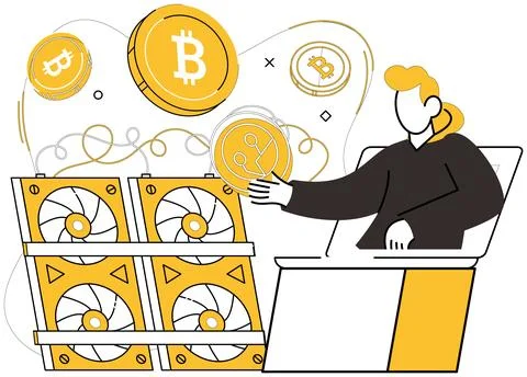 Bitcoin mining vector illustration. Algorithms, envoys, execute intricate dan Illustrazione stock
