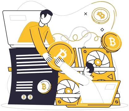 Bitcoin mining vector illustration. Cryptocurrency, newcomer, disrupts tradit 스톡 일러스트
