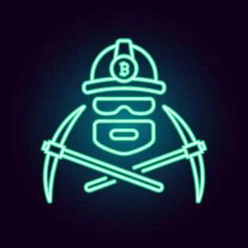 Bitcoin mining vector illustration in neon style. Flat simple linear icon of 스톡 일러스트
