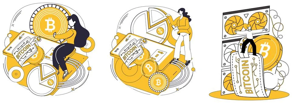 Bitcoin mining vector illustration. Production, workshop, churns out digital  イラスト素材