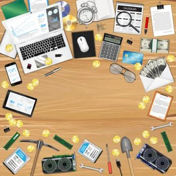 Bitcoin mining workplace with object and tools 스톡 일러스트