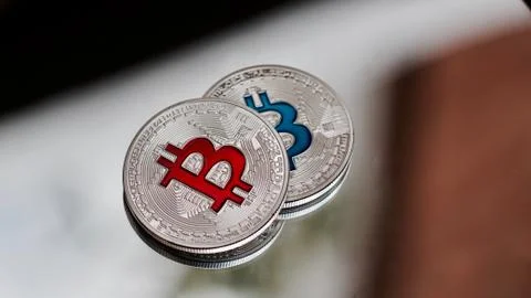 Bitcoin on the mirror Stock Photos