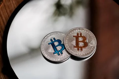 Bitcoin on the mirror Stock Photos