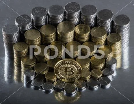 Bitcoin with money coins background. Bitcoin cryptocurrency banking money Stock Photos