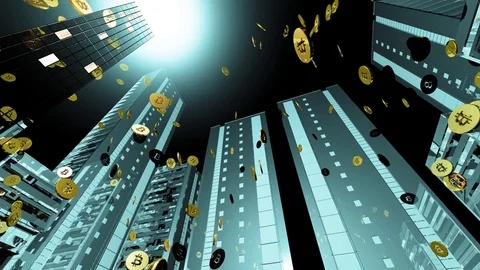 Bitcoin money fall from animated buildings. 3d rendering Stock Footage 80337102