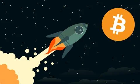 "Bitcoin To The Moon" Classic Rocket Ship Design Background Concept Stock Illustration