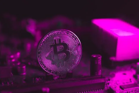 Bitcoin on the motherboard , computer hardware Stock Photos