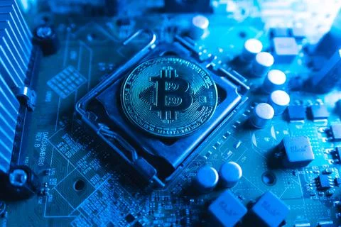 Bitcoin on the motherboard , computer hardware Stock Photos