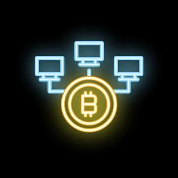 Bitcoin network connecting computers using blockchain technology neon icon Stock Illustration