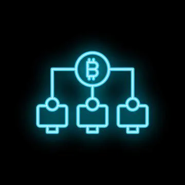 Bitcoin network connecting three computers with neon blue lines on black ba.. 스톡 일러스트