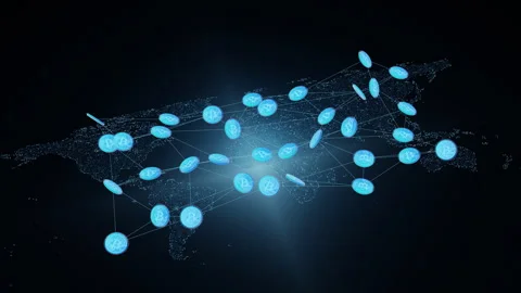 Bitcoin Network on Global Data Map Stock Footage 298457931