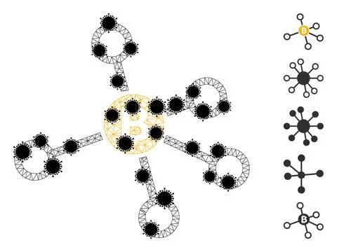 Bitcoin Node Links Wire Frame Mesh Icon with Infectious Parts Stock Illustration