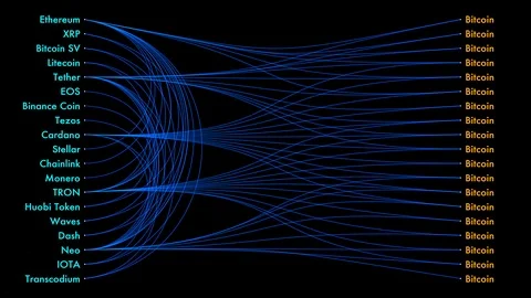 Bitcoin nodes communicating with other cryptocurrency coins and tokens. Stock Footage 125263671