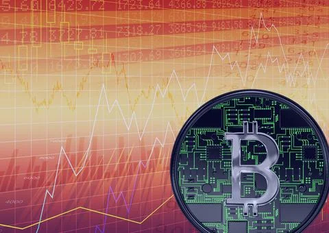 Bitcoin over stock market data and graphs processing, economy and cryptocurrency 스톡 일러스트