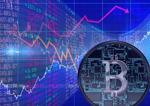 Bitcoin over stock market data and graphs processing, economy and cryptocurrency Stock Illustration