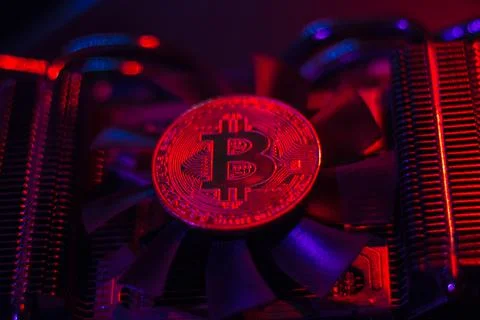 Bitcoin over videocard Stock Photos