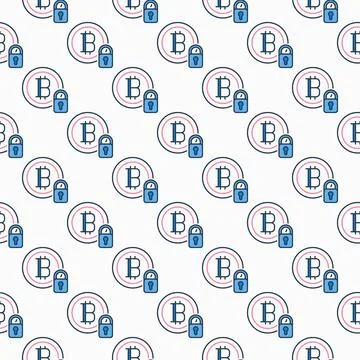 Bitcoin with Padlock vector Cryptocurrency security colored seamless pattern Stock Illustration