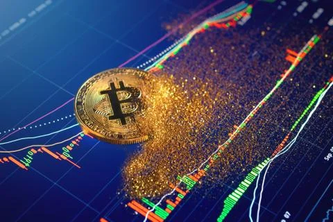 Bitcoin particles disintegration , bitcoin collapse concept Stock Photos