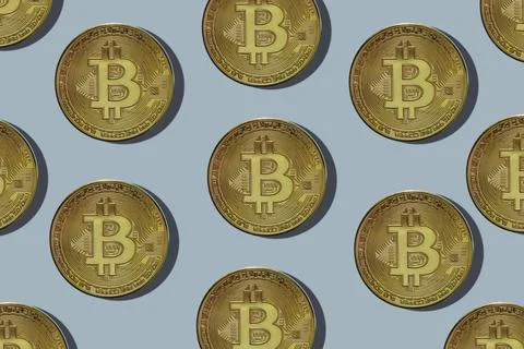 Bitcoin pattern on a blue background. Stockfoto's