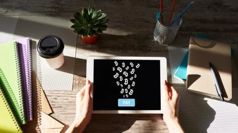 Bitcoin payment accepted on device screen, cryptocurrency, blockchain. Stock Photos