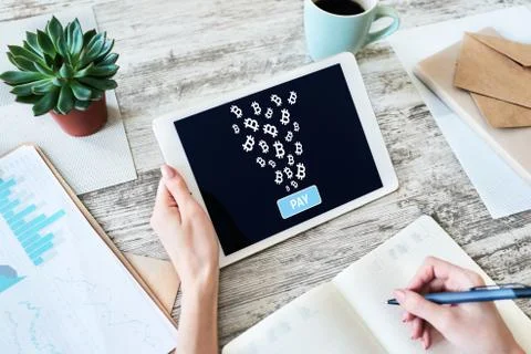 Bitcoin payment accepted on device screen, cryptocurrency, blockchain. Stock Photos