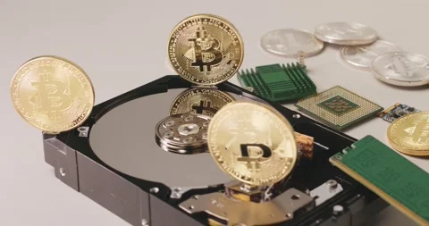 Bitcoin on PC Hard Drive, modern Cryptocurrency technology Stock Footage 172128091