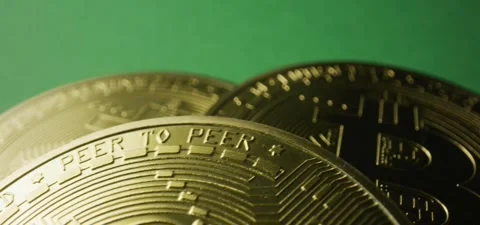 Bitcoin peer to peer cryptocurrency golden coins macro Stock Footage 150812295