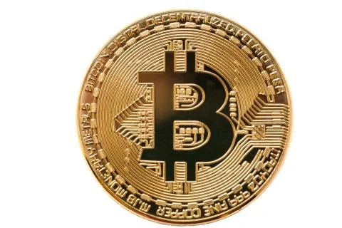 Bitcoin. Physical bit coin. Digital currency. Cryptocurrency. Golden coin with Stock Photos