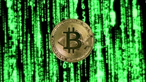 Bitcoin Physical coin on green digital matrix cryptography background. Stock Footage 194502155