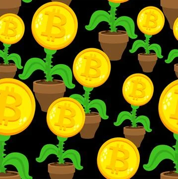 Bitcoin plant in pot pattern seamless. Cryptocurrency flower background. Stock Illustration