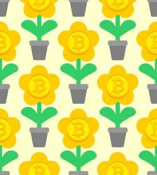 Bitcoin plant in pot pattern seamless. Cryptocurrency flower background. Stock Illustration