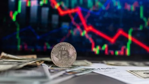 Bitcoin price is falling down and the entire crypto currency market is loosing Stock Photos
